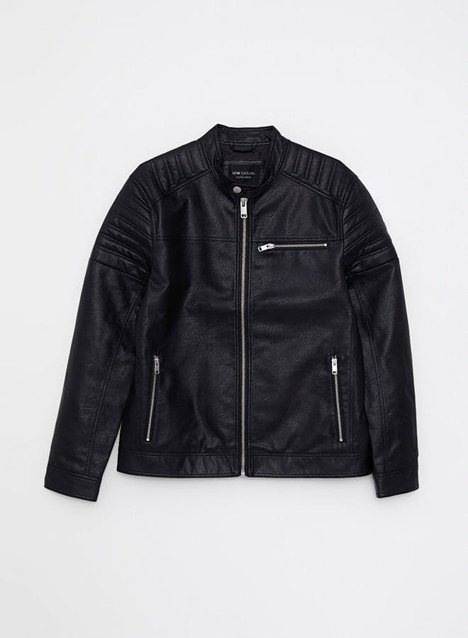 Slim Fit Stand Collar Men's Leather Look Coat